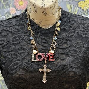👑Adorned Crown Jewelry assemblage LOVE cherub charm crystal pendant necklace
